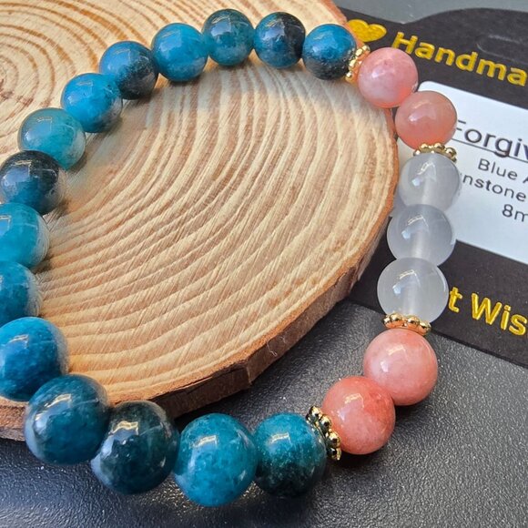 Handmade ✦ Forgiveness Bracelet ✦ Blue Apatite Sunstone Selenite 8mm Beads - Picture 5 of 10
